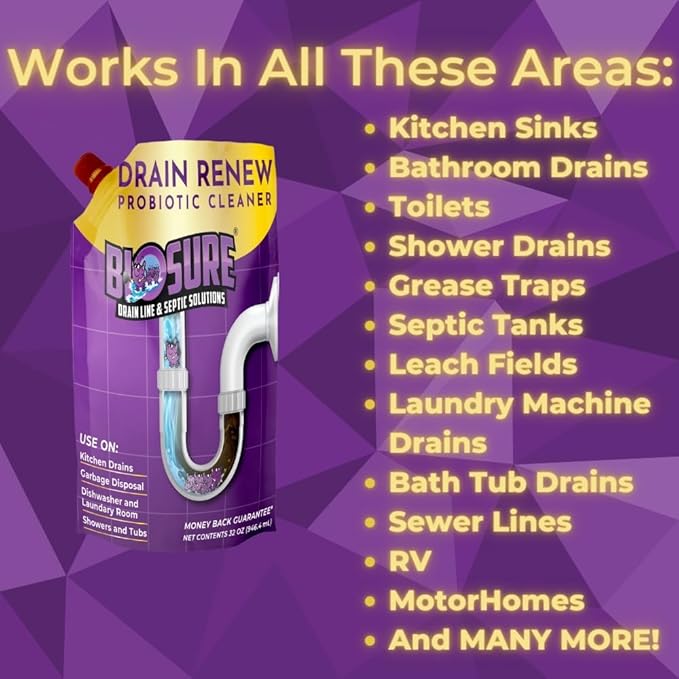 DRAIN RENEW Drain Line Maintenance and Septic Tank Treatment: The Ultimate Drain Cleaner for Your Drains, Showers, Sinks, and Toilets - Keep Your Pipes Clear and Septic System Healthy