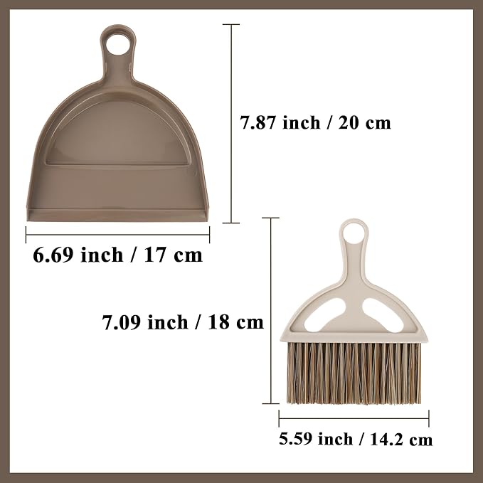 Mini Broom and Dustpan Set, Small Handheld Broom and Dustpan for Desk, Clip-On Hand Brush for Keyboard, Car Interior, Countertop, and Cat Litter Cleaning, Brown