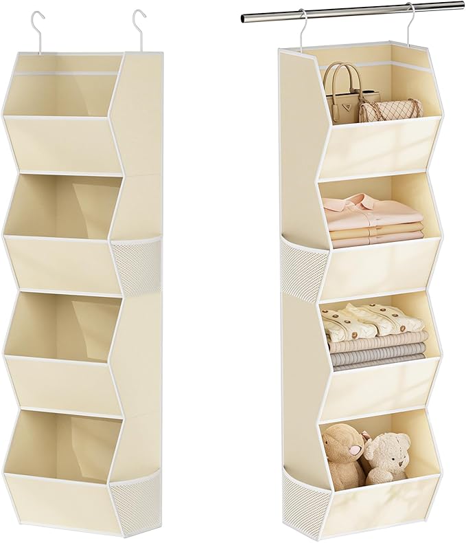 Hanging Closet Organizer 4 Shelf Collapsible Fabric Closet Organizers and Storage Hanging with Mesh Pocket for Clothes, Hanging Wardrobe Organizers and Storage for Sweater T-Shirt Shoes Toys, Beige