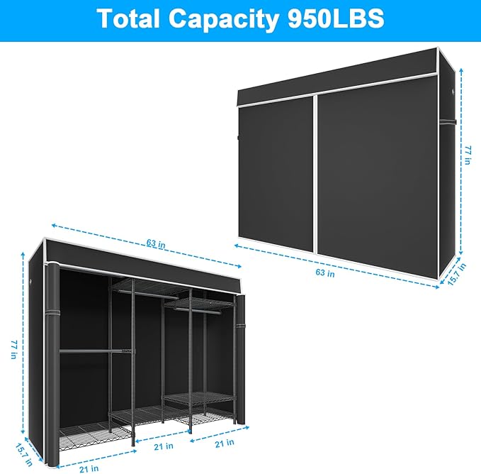 Ulif E13C Heavy Duty Closet Organizer System，Freestanding Clothing Racks for Hanging Clothes，Adjustable Garment Rack 63" W x 16" D x 77" H Hold 960 lbs，Black Clothing Rack with Black Dustproof Cover