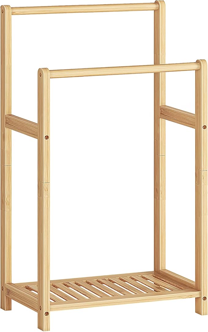 HOOBRO Freestanding Towel Rack for Bathroom, 2 Tier Decorative Bamboo Blanket Rack, Quilt Display Stand with Storage Shelf, 16.5" L x 9.4" W x 30.5" H, Bedroom, Living Room, Natural Color YL02LB01