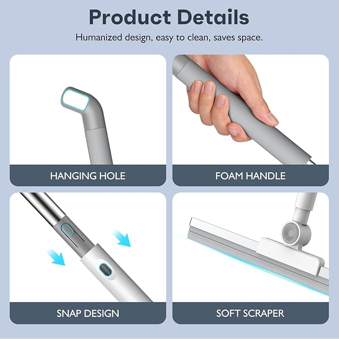 nacena Floor Squeegee, 52-in Adjustable Long Handle Squeegee for Floor Water Removal 180° Rotatable Head Squeegee Broom for Cleaning Window Shower Glass Tile Garage Concrete Pet Hairs, Grey&White