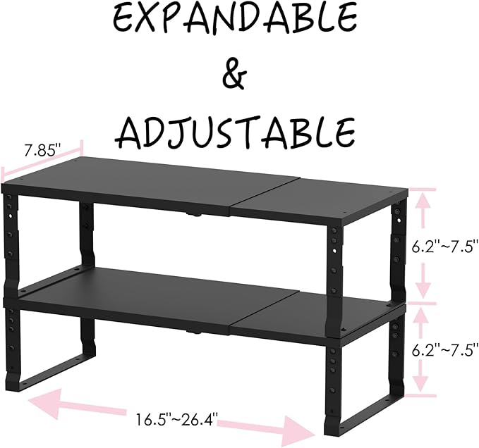 Adjustable Metal Shelving Unit, Stackable & Expendable Storage Rack for Home/Office/Kitchen, Space-Saving，Sturdy&Durable，Easy Assembly (2PACKS/Medium/Black