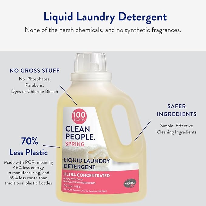 The Clean People Liquid Laundry Detergent - Recyclable Packaging, Stain Fighting - Ultra Concentrated, Laundry Soap - Spring Scent, 50 fl oz (2 Pack)