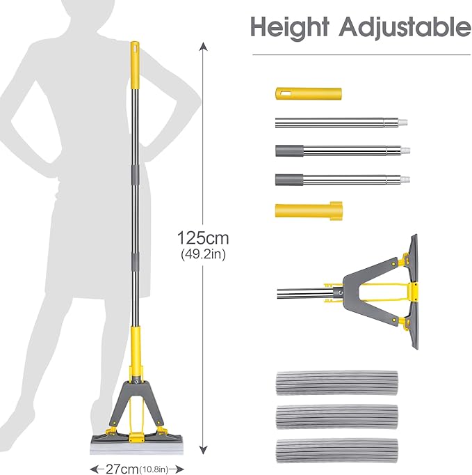 Sponge Mop,Masthome Roller Sponge Mop,Easy Self Squeeze Mop and Stainless Steel Handle,PVA Mops with 3 Absorbent Mop Refills for Home Use Tile Floor Bathroom Cleaning