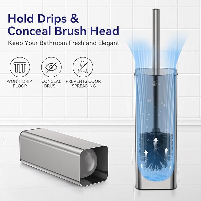 DOWRY Stainless Steel Toilet Bowl Brush and Holder for Bathroom, Deep Cleaning Toilet Brush and Holder Set with Long Handle, Hidden Toilet Bowl Brush with 2 Heads,Modern Decor Nickel Brushed Square