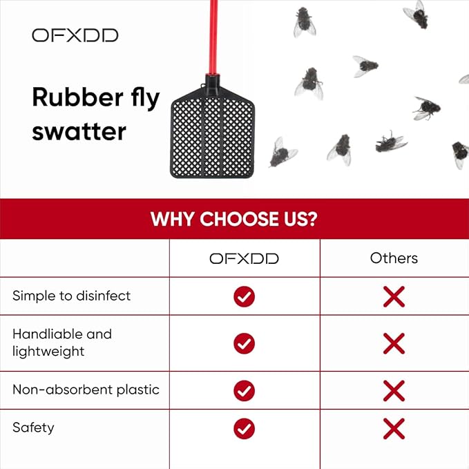 Rubber Fly Swatter, Long Fly Swatter Pack, Fly Swatter Heavy Duty, Red Color (3 Pack)