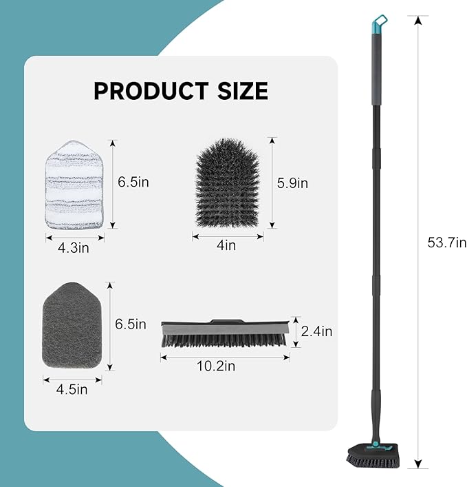 nacena Shower Scrubber with Long Handle, 4 in 1 Tile Tub Scrubber Brush with 3 Detachable Cleaning Heads and V-Shaped Grout Brush Shower Cleaner Brush for Bathroom Kitchen Toilet Tub Sink Wall, Black