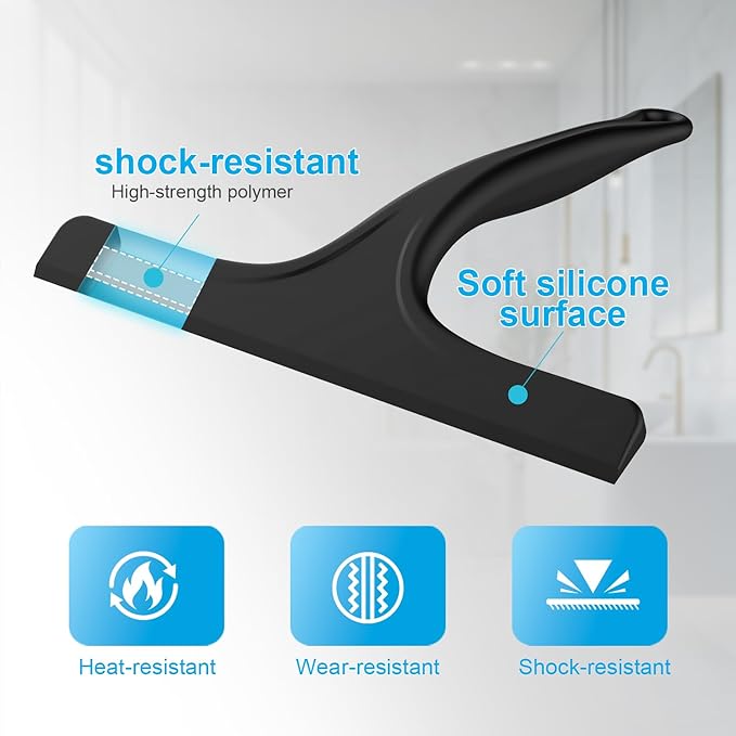 Silicone Shower Squeegee for Bathroom Glass Doors, with Hanging Hole for Easy Storage, Removes Water Spots from Windows, Mirrors, Tiles & Kitchen Surfaces-Black, 10 Inch