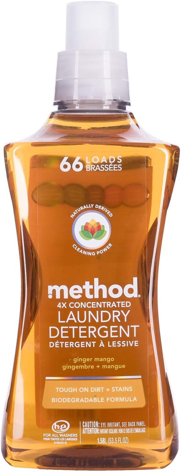 Method Liquid Laundry Detergent, Ginger Mango, 66 Loads Per Bottle, Hypoallergenic + Stain Remover, 53.5 Fl Oz (Pack of 2)