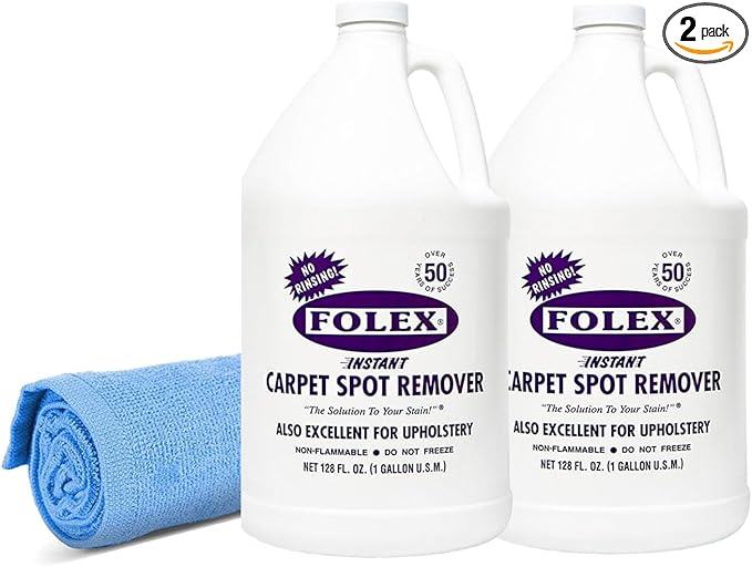 FOLEX Instant Carpet Spot Remover 128 oz - Powerful Stain Remover for Carpets, Upholstery & Rugs - Eliminates Pet Stains, Grease, Red Wine, Food, Makeup & More - With Reusable Cleaning Cloth - 2 Pack