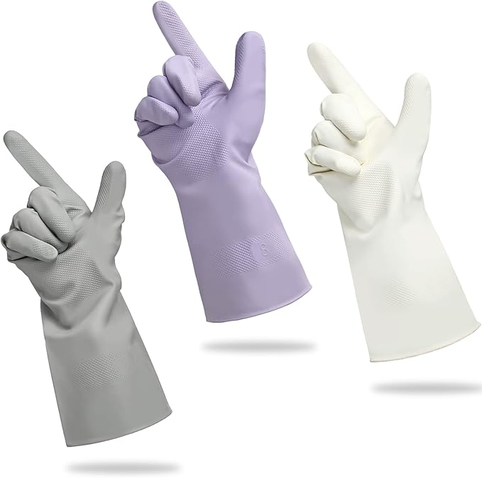 Cleanbear Reusable Dish Washing Rubber Glove Set of 3, Household Cleaning Gloves for Washing