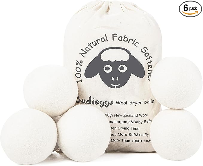 Budieggs Wool Dryer Balls Organic XL 6-Pack, 100% New Zealand Wool Chemical Free Fabric Softener for 1000+ Loads, Baby Safe & Hypoallergenic, Fabrics Soft and Fluffy Naturally