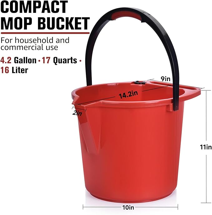 Matthew Cleaning 4.2 Gallon Mop Bucket, Heavy Duty Plastic Cleaning Bucket with Built-in Pour Spout, Mop Holder and Comfort Grip Handle, House and Commercial Cleaning Supplies, 2 Pack Red