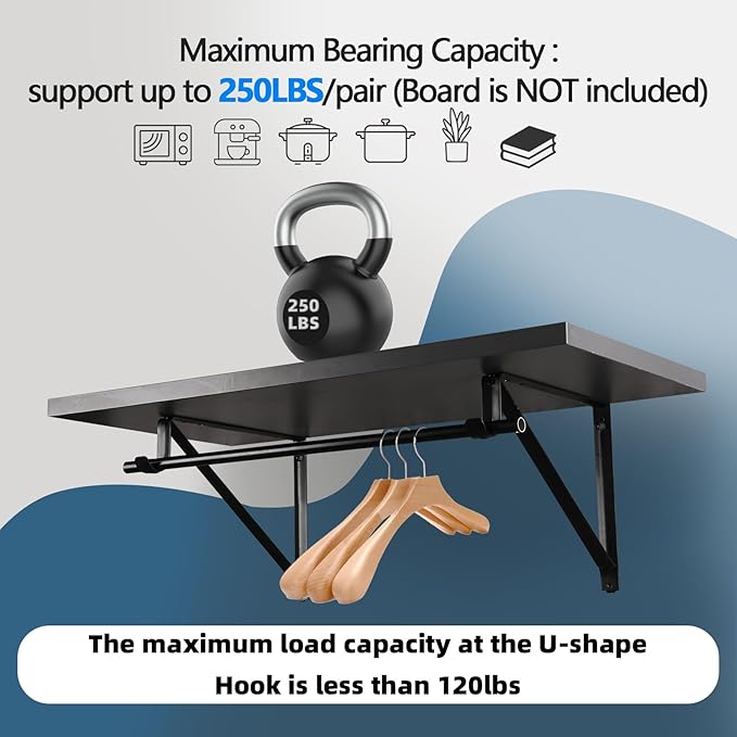 HOME MASTER HARDWARE Heavy Duty Closet Shelf Rod Brackets, Wall Mounted Closet Shelves Bracket with Rod Shelving Support, Black with Screws 4 Pack
