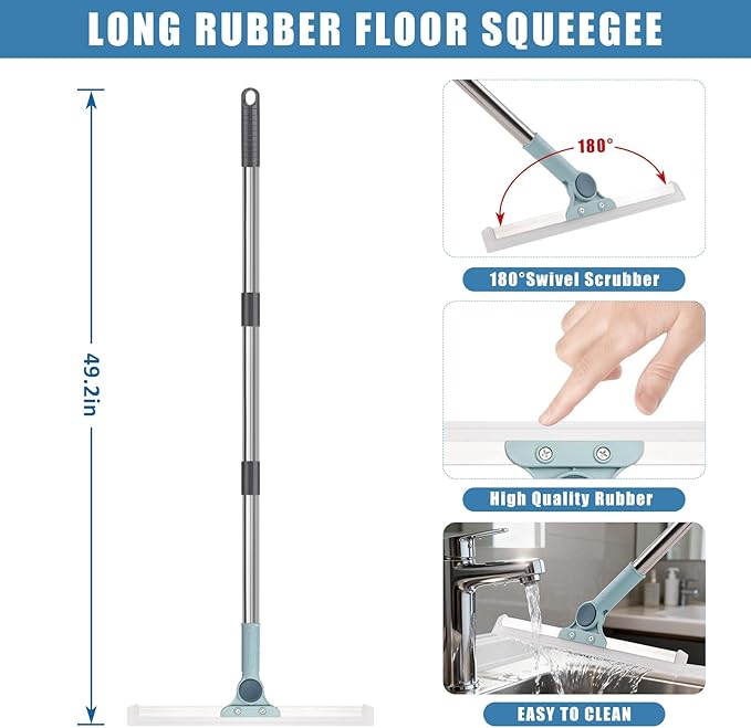Flat Mop and Bucket Set with Floor Squeegee, Heavy Duty Scrub Brush, 2 Washable Reusable Microfiber Pads, for Tile Hardwood, Wall Cleaning, Home Indoor or Outdoor Cleaning (White-Gray)