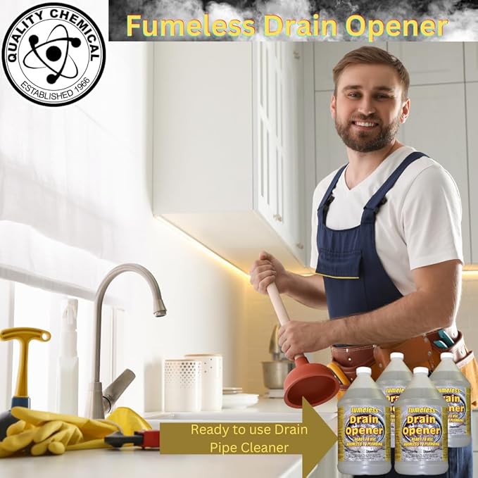 Quality Chemical Fumeless Drain Opener - Fast Acting Clog Remover and Declogger - Professional Strength - for Bathtub, Kitchen Sink, Drano, Hair Clog Remover - Drain Cleaner 128 oz (Pack of 4)