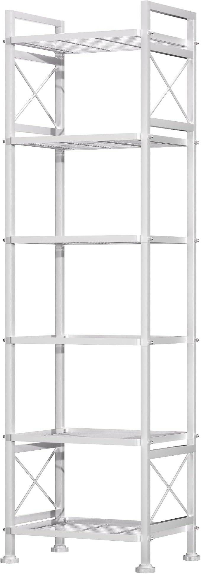 GIOTORENT Pantry Storage Shelves, 6-Tier Metal Storage Rack with X-Shaped Side Frame, Heavy-Duty Wire Shelf for Kitchen, Bathroom, Laundry Room, 120lb/Layer, White Standing Shelves