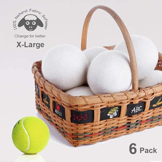 Budieggs Wool Dryer Balls Organic XL 6-Pack, 100% New Zealand Wool Chemical Free Fabric Softener for 1000+ Loads, Baby Safe & Hypoallergenic, Fabrics Soft and Fluffy Naturally