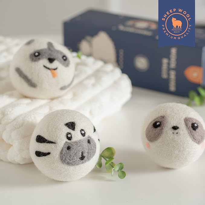 Wool Dryer Balls Handmade 3 Pack XL,Organic Laundry Dryer Balls,100% New Zealand Wool Natural Fabric Softener,Reusable 1000 Loads,Wrinkles Free, Shorten Drying Time,Baby Safe (3 Pack XL,Cute Animals)