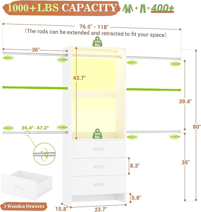 Aheaplus Closet System with Motion-Sensing Light, 3 Wooden Drawers and 4 Hanging Rods, Customizable Walk-in Closet Organizer with 3CCT LED, Heavy Duty Garment Rack for Bedroom, White
