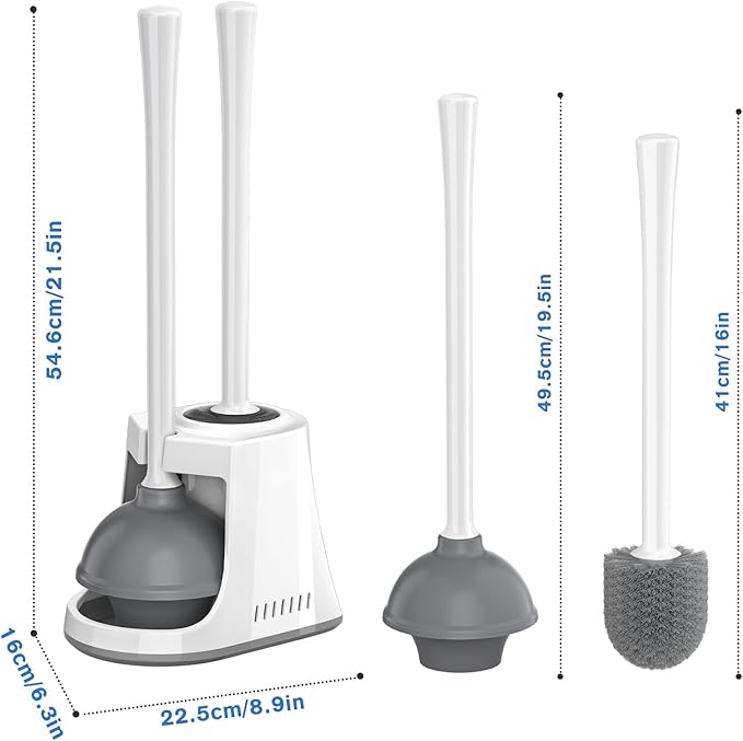 Toilet Plunger and Brush with Holder, Bowl Brush and Heavy Duty Toilet Plunger Set with Ventilated Holder, 2-in-1 Toilet Brush and Plunger Combo for 5.3-inch Toilet Drain New Pack (White, 1)