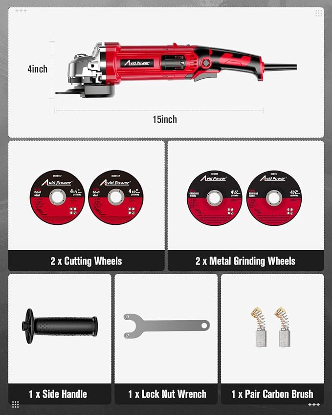 AVID POWER Angle Grinder 4-1/2 Inch 8.0 Amp 1000W Electric Grinder Tool 7-Variable-Speed Metal Grinder, 11,500 RPM, Paddle Switch with Lock-on Button, Cutting & Grinding Wheels and Side Handle - Red