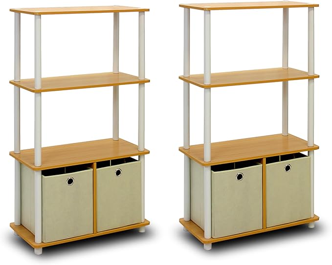 Furinno Go Green 4-Tier Multipurpose Storage Rack Shelving Unit with Bins (Set of 2), Beech
