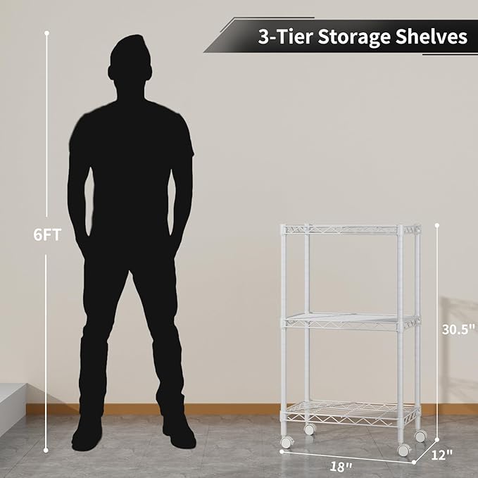 Golpart Small 3 Tier Shelves Storage Wire Shelving Unit Metal Shelf Adjustable Organizers Storage Shelving with Wheels for Bathroom Laundry Room Kitchen Pantry12”D x 18”W x 30.7”H White