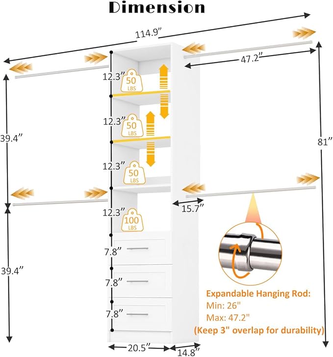 Closet System with Drawers, 5FT-9FT Custom Closet Organizer System 114.9" Walk in Wood Closet Storage System with 4 Expandable Hanging Rods Wall Mount White