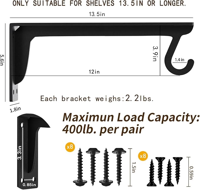 Closet Rod Support Bracket WYGWP 13.5 inch Heavy Duty Shelf Brackets with Rod Holders Support 400lbs Wall Mounted Sturdy 2 Pack