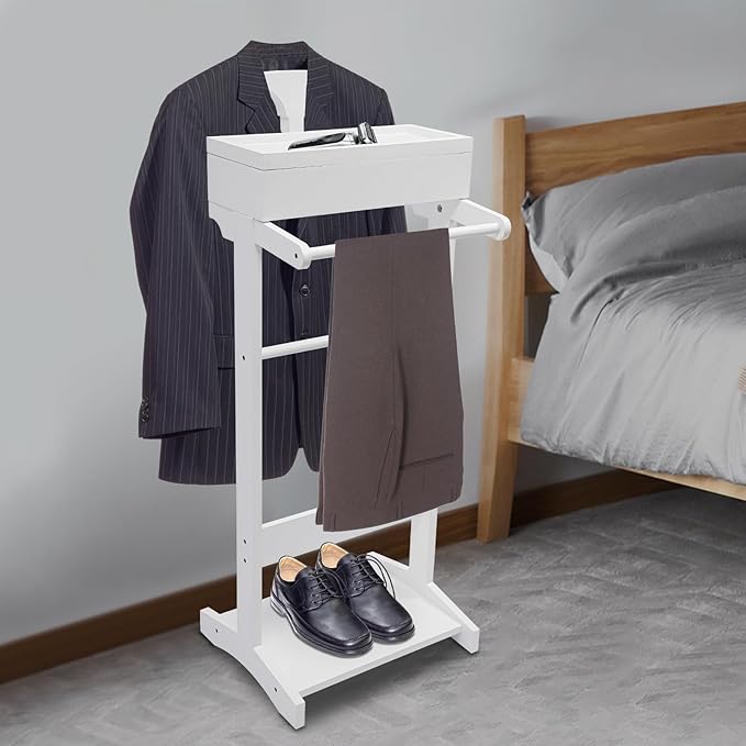 Valet Stand with Drawer and Top Tray, Wood Mens Suit Valet Stand with Wood Base, Freestanding Clothes Valet Stand with Hanger, Storage Organizer for Entryway Office Living Room (D, White)
