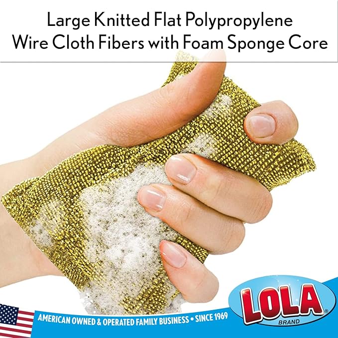 LOLA Wonder Non-Scratch Scouring Pad, 6 Pack, Large Knitted Flat Wire Cloth Fibers w/Foam Sponge Core, Assorted Colors (Gold or Silver)