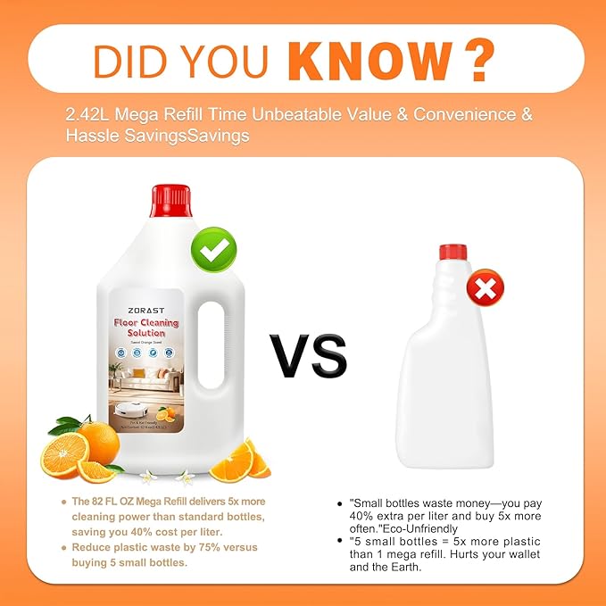 Floor Cleaning Solution Sweet Orange Scent, 82 Fl Oz, Compatible with All Roborock Mopping Robots (S7, S8, Qrevo, Q7, Q8 series), Cleans for Multiple Hard Floors, Deep Deodorization Free StainBusting