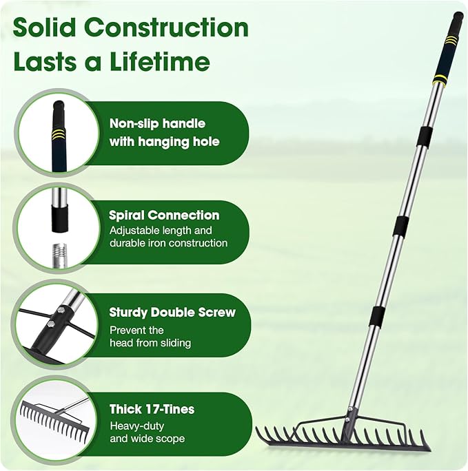 Heavy Duty Garden Rake for Leaves - 17 Tine Metal Head & Adjustable Stainless Steel Handle, 17" Wide 5.58FT Yard Rake for Shrub Leveling/Grass Care