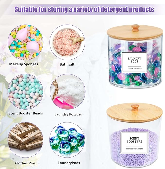 2 Pack Laundry Pods Container,Clear Laundry Room Organization Containers,Large Laundry Detergent Powder Storage Containers with Bamboo Lids & Labels for Scent Booster,Powder,Pods