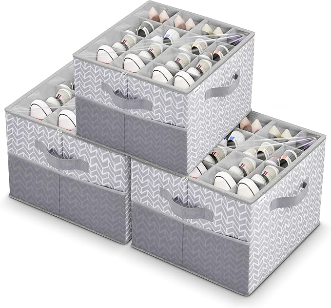 ALCOVA Shoe Organizer for Closet, 3 Pack Shoe Storage Box with Clear Cover, Foldable Shoe Storage Box, Fits up to 48 Pairs, Gray