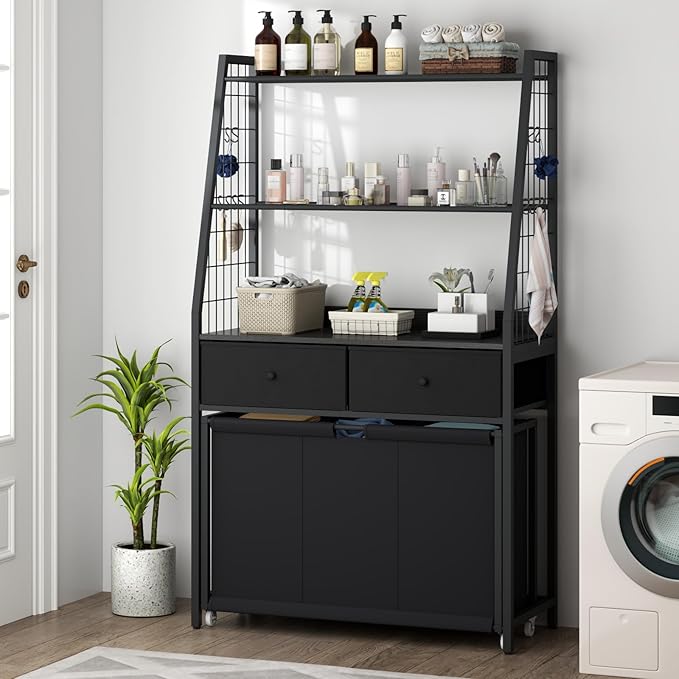STIKELY Laundry Hamper Laundry Basket with 3 Section Pull-Out Rolling Bags & 2-Tier Storage Shelf, Laundry Sorter for Organization and Storage with 2 Drawers for Laundry Room, Bathroom