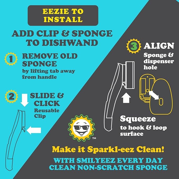 Smilyeez No-Plastic Blue Non-Scratch Sponge Refill with Reusable Clip (10 Pack) for Scotch-Brite's Advanced Soap Control Dishwand - Refill with Adapter, Easy to Install