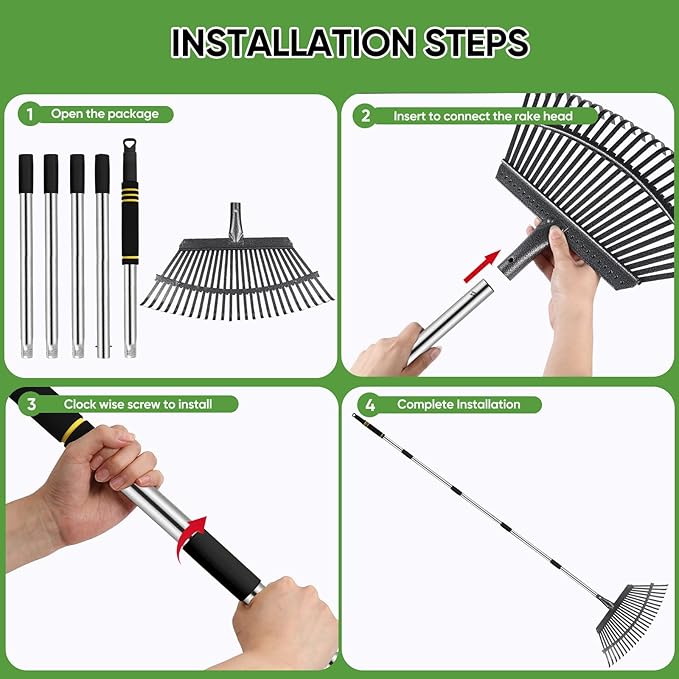 Rake Heavy Duty 6FT Long Garden Rake , 18.5 Inch Wide Leaf Rake for Lawns, 25 Metal Tines, Adjustable Stainless Steel Handle, Rakes for Leaves, Yards, Grass, Garbage, Weeds, Debris (Black)