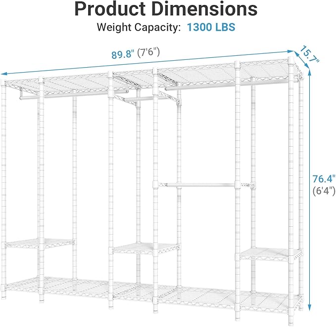 VIPEK V50 White Closet Rack, Extra Large Heavy-Duty Freestanding Wardrobe with Adjustable Shelves for Bedroom, Apartment, Walk-in Closet, 1300 lb Capacity