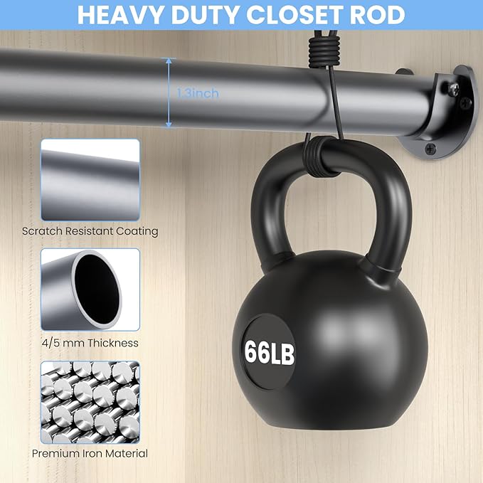 Closet Rods for Hanging Clothes, 17 to 69 Inches No-Cut Stepless Adjustable Closet Rod, 1.3 Inches Expandable Metal Heavy Duty Closet Hanging Rod for Closet Wardrobe Bathroom Laundry RV, Silver