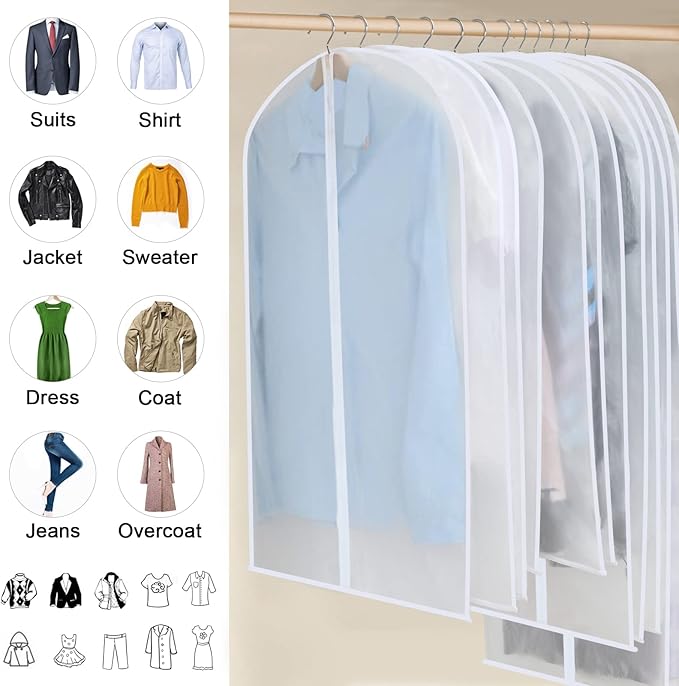 Clear Garment Bags for Hanging Clothes, Set of 12 Suit Bags Dust-Resistant Clothes Cover Bags PEVA Breathable Clothes Protectors with Full Zipper for Closet Storage, 24” x 40”/47”/55”