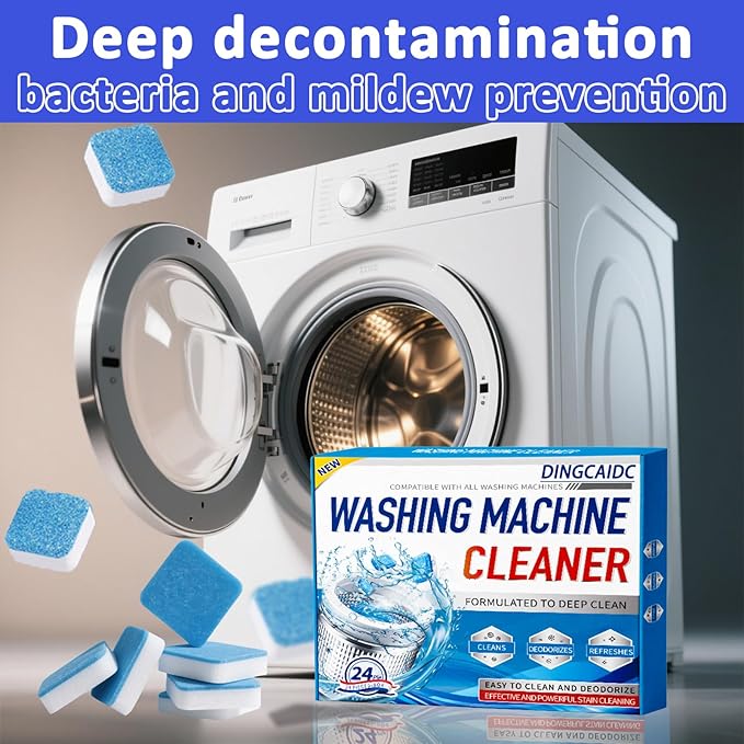 Washing Machine Cleaner Effervescent Tablets - 24 Pieces, Deep Cleaning Formula, Removes Grime & Odors, Deodorizes & Refreshes HE Top/Front Load Washers