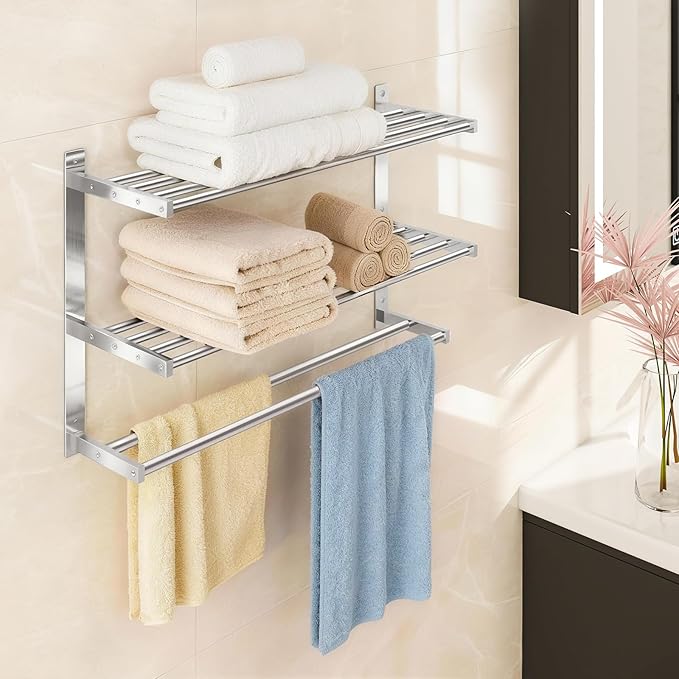 Towel Rack with Shelf 24 inch, 3 Tier Towel Racks for Bathroom Wall Mounted, Stainless Steel Bathroom Shelf with Double Towel Bars, Hotel Bath Towels Storage, Brushed Nickel