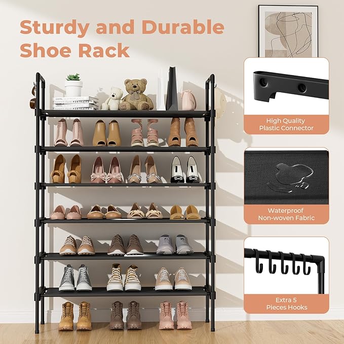 LANTEFUL 6 Tier Shoe Rack for Closet Shoe Organizer with 5 Hooks, Long Shoe Shelf Storage for Shoe and Boot Stackable Free Standing Shoe Rack for Entryway, Garage, Small Spaces, Dorm, Black