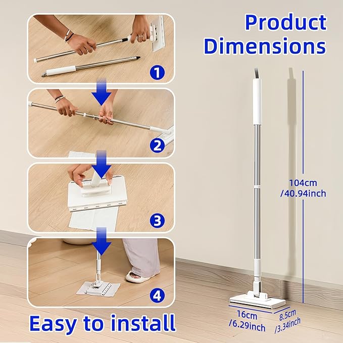 Snap Grip Mini Mop, Zero-Touch Gap Dust Cleaner with 39in Lazy Mop Stick & Locking Head, Disposable Dust Mop for House Wall Bathroom Toilet Corners Multi Surface Cleaning with 5 Cloths