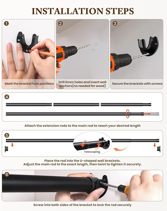 Closet Rod 17-39 IN, Heavy Duty Closet Rods for Hanging Clothes, Adjustable Closet Rods for Wardrobes Storage Laundry RV Bathroom, Easy Install, Black