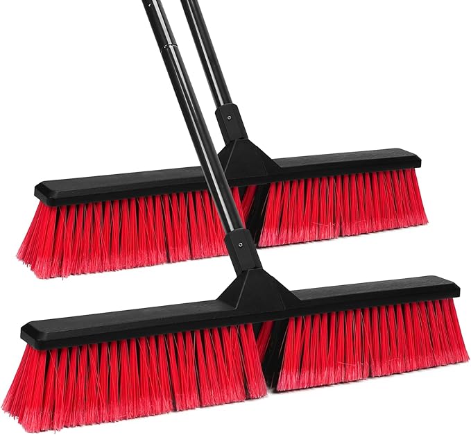 2PK 24" Push Broom Outdoor with 63" Long Handle and Stiff Bristles, Heavy Duty Outdoor Broom Brush for Workshop, Garage, Concrete, Patio and Deck Floor Sweeping
