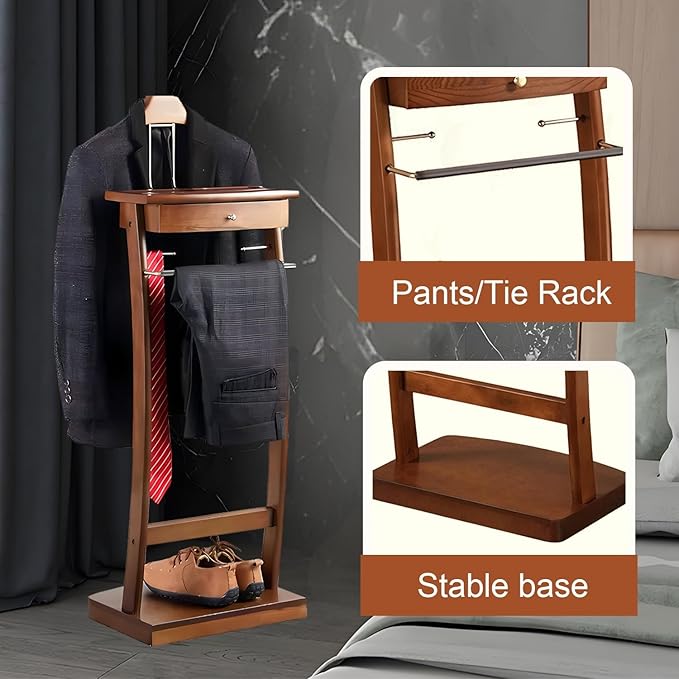 Wooden Suit Valet Stand for Men, Clothes Valet with Drawer, Shoe Rack, Tie Rack and Trouser Bar, Freestanding Clothes Organizer for Bedroom Entryway